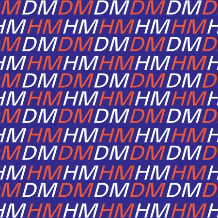 Text pattern background with orange and white repeating letters 'D' and 'H' on a dark blue background, creating a dynamic visual texture.