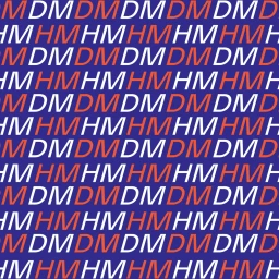 Graphic pattern featuring repeating italic DM and HM letters in red and white against a blue background for DesignMarch.