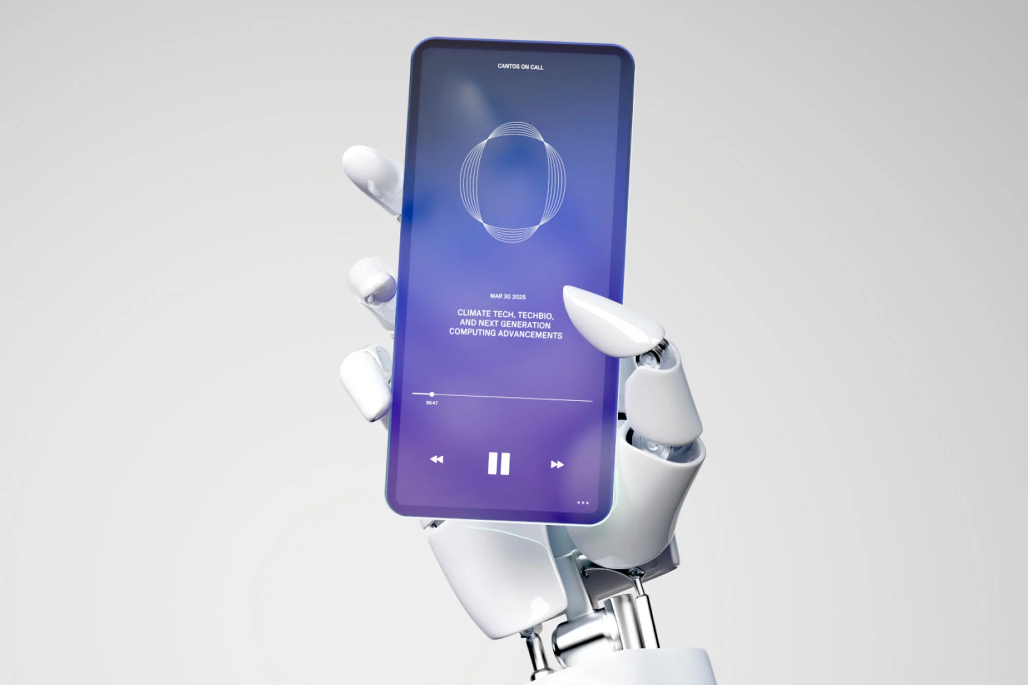 Robotic arm holding a smartphone with climate tech information displayed on a blue gradient screen against a neutral background.