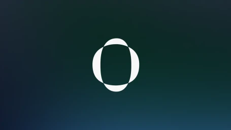 Minimalist white abstract graphic logo centred against a dark teal gradient background