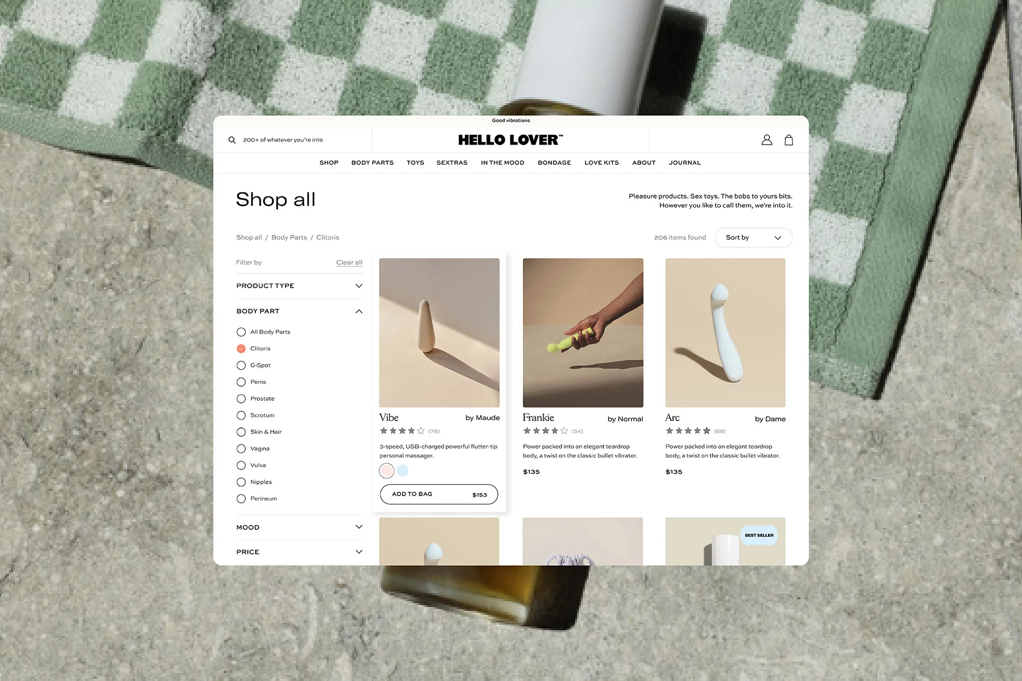 Website view of personal massagers, with a muted color palette and a soft, inviting aesthetic, displayed alongside a textured surface.