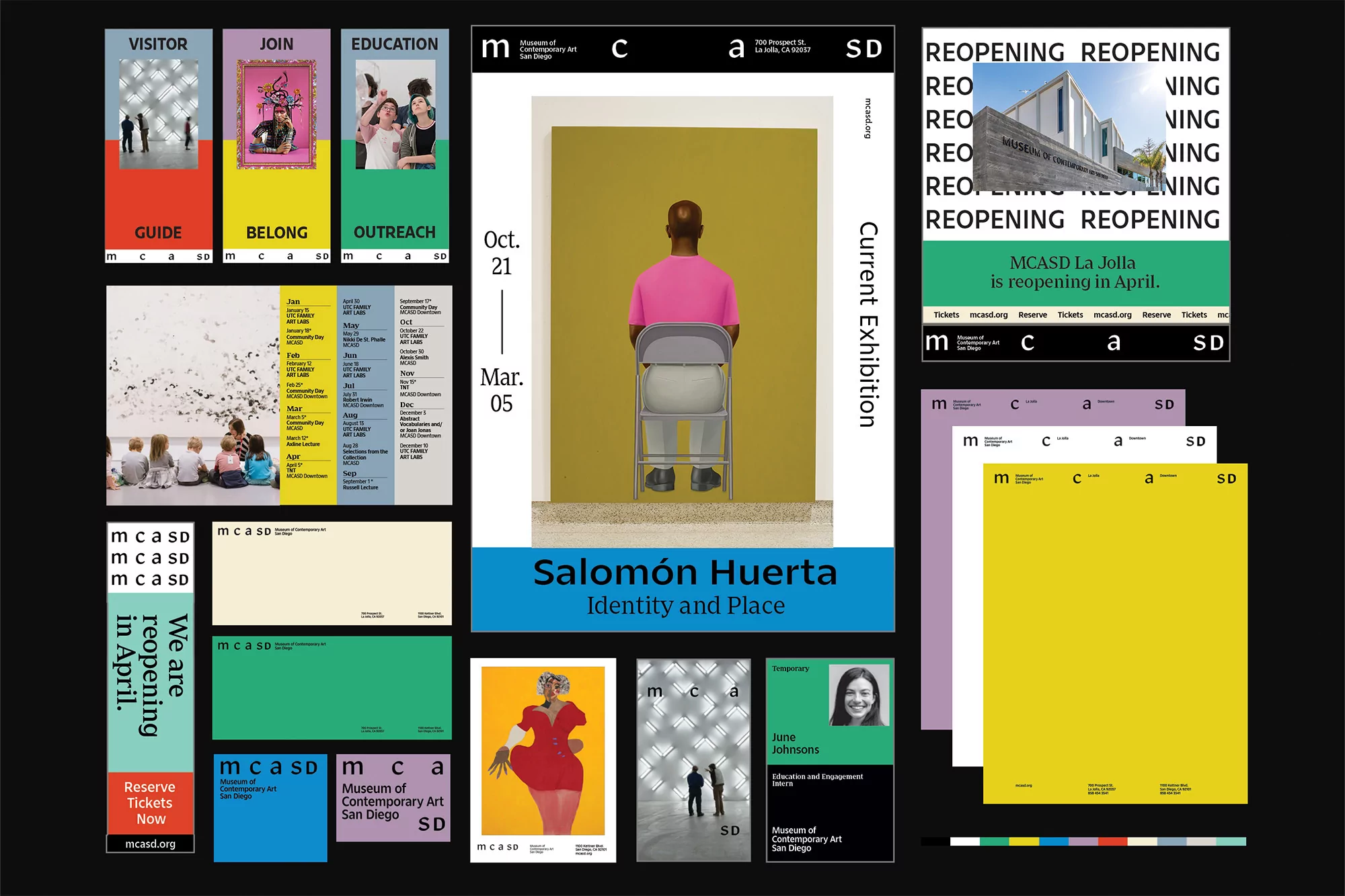 Museum of Contemporary Art San Diego (MCASD) marketing collateral featuring exhibition posters, reopening notices, and event guides.