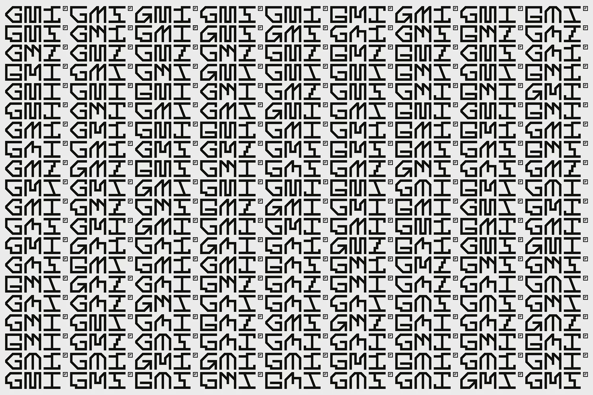 Pixelated black 'GMI' text pattern on white background. Repeating graphics for wallpaper, backdrop, or modern geometric design.