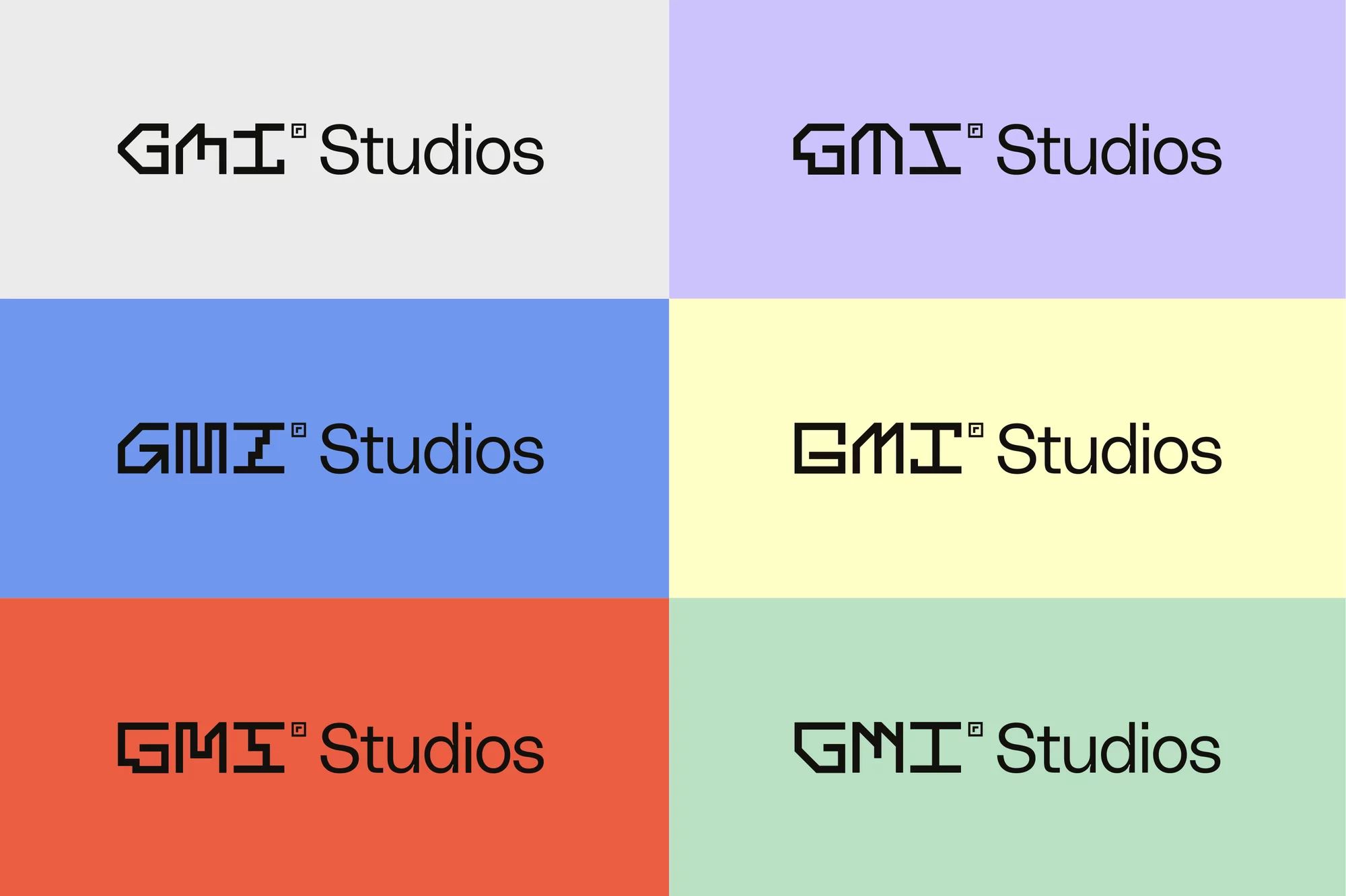 GMI Studios logo displayed in black lettering across six different pastel and solid colour background panels.