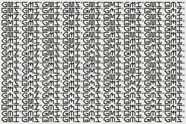 Monochrome repeating typographic pattern featuring the letters GMI in a pixelated custom typeface on light grey background