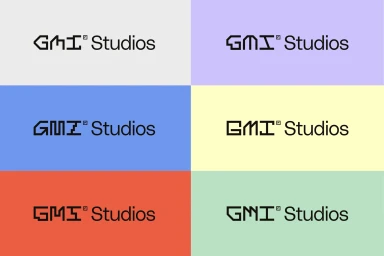 GMI Studios logo displayed in black lettering across six different pastel and solid colour background panels.