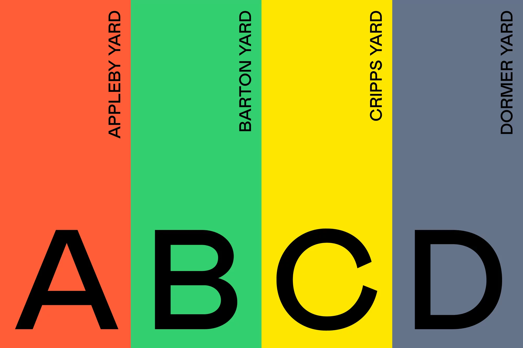 Abstract graphic art with bold letters A, B, C, and D in black against coral, green, yellow, and gray color blocks, with uppercase text labels.