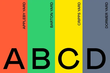 Graphic identity design for Design District featuring four vertical colour blocks with bold letters and yard names