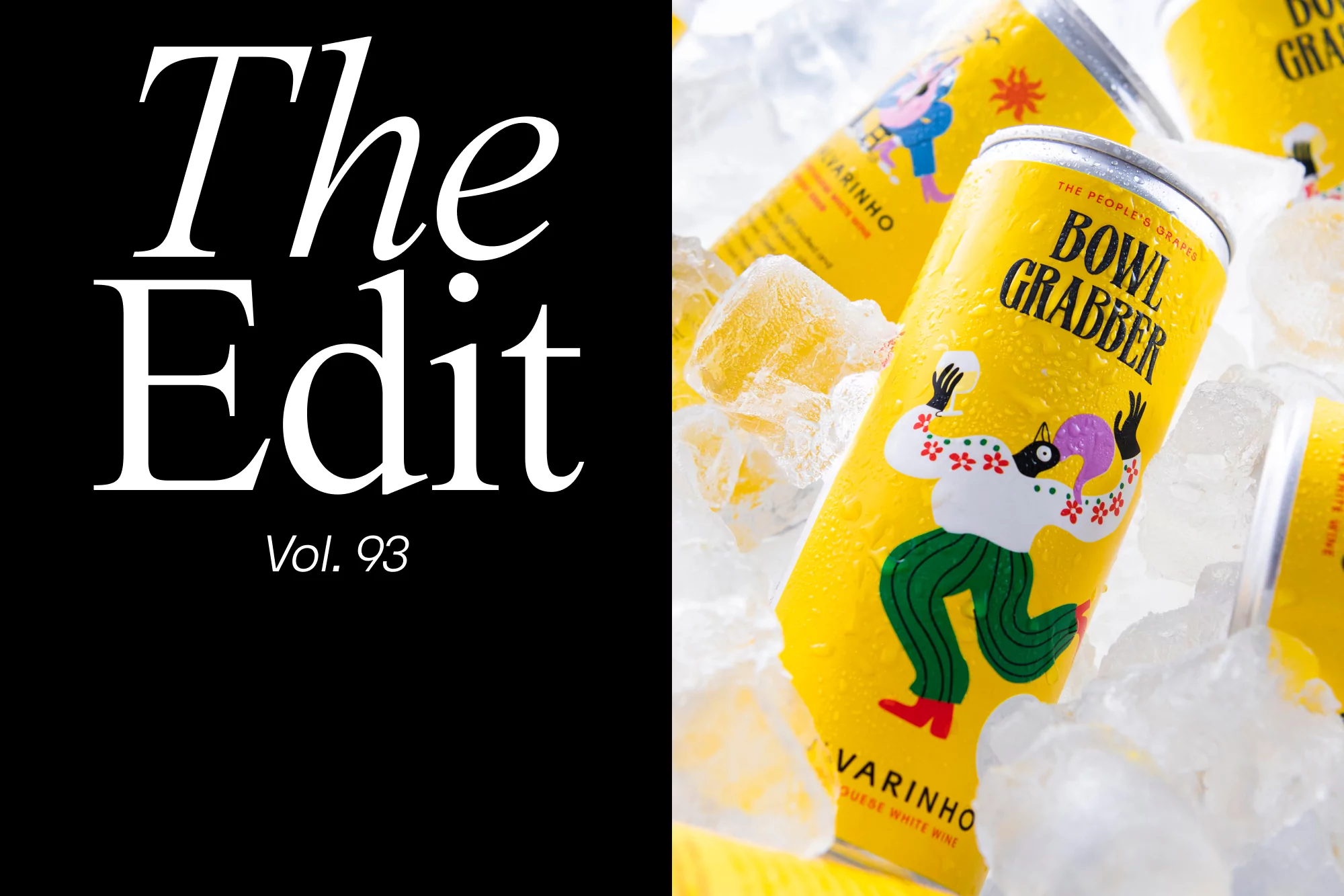 Several yellow cans of Bowl Grabber Varinho wine surrounded by ice cubes, with a black graphic panel on the left side of the image.