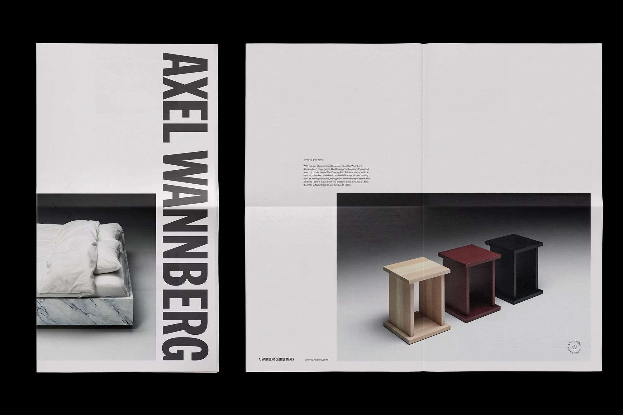 Axel Wanberg brand advertisement featuring a bed with a marble base and three small wooden side tables in black, red, and wood.