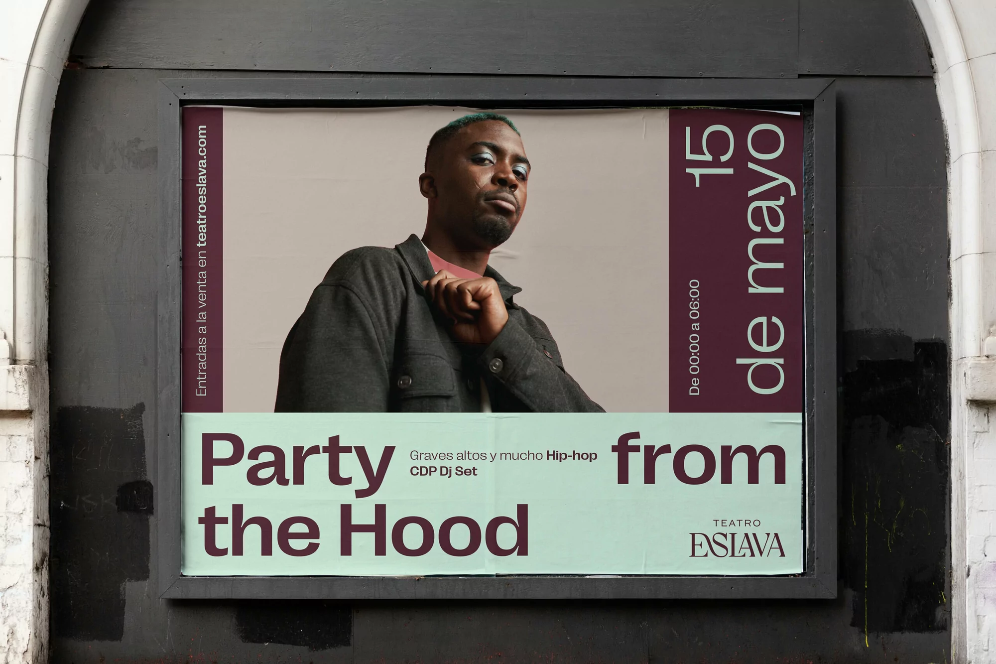 Outdoor billboard advertises Teatro Eslava's 'Party the Hood' event on May 15, featuring a portrait of a Black male DJ against muted colors.