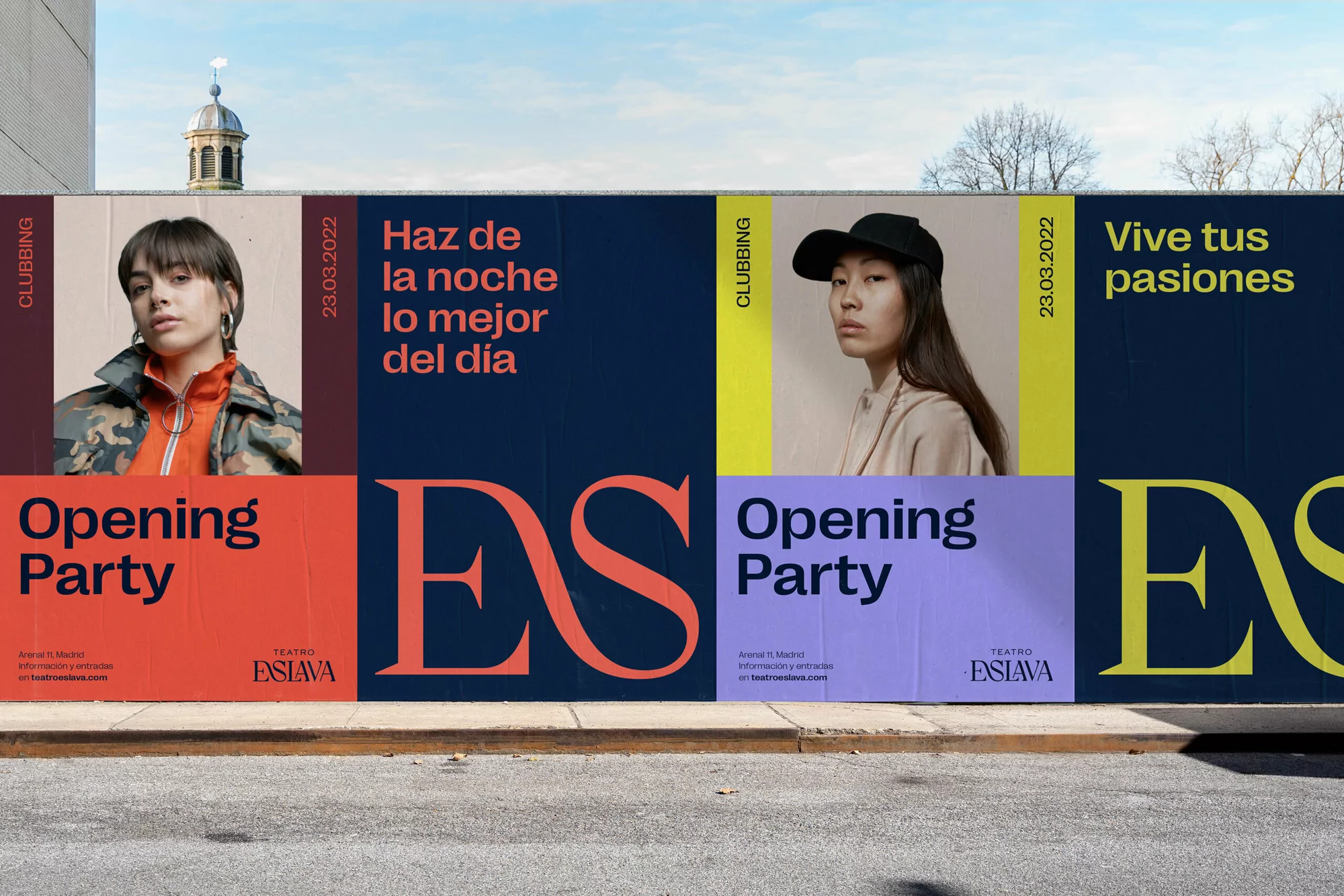 Outdoor advertising campaign featuring two young adult women for a club opening party, displaying bold typography and graphic elements on a building.
