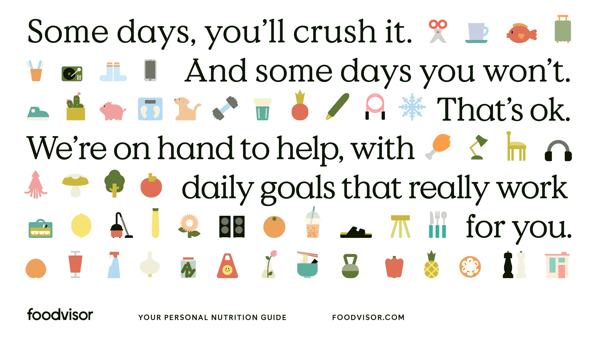 Illustration with colorful icons representing daily life objects and food items, accompanied by motivational text, on a clean white background.