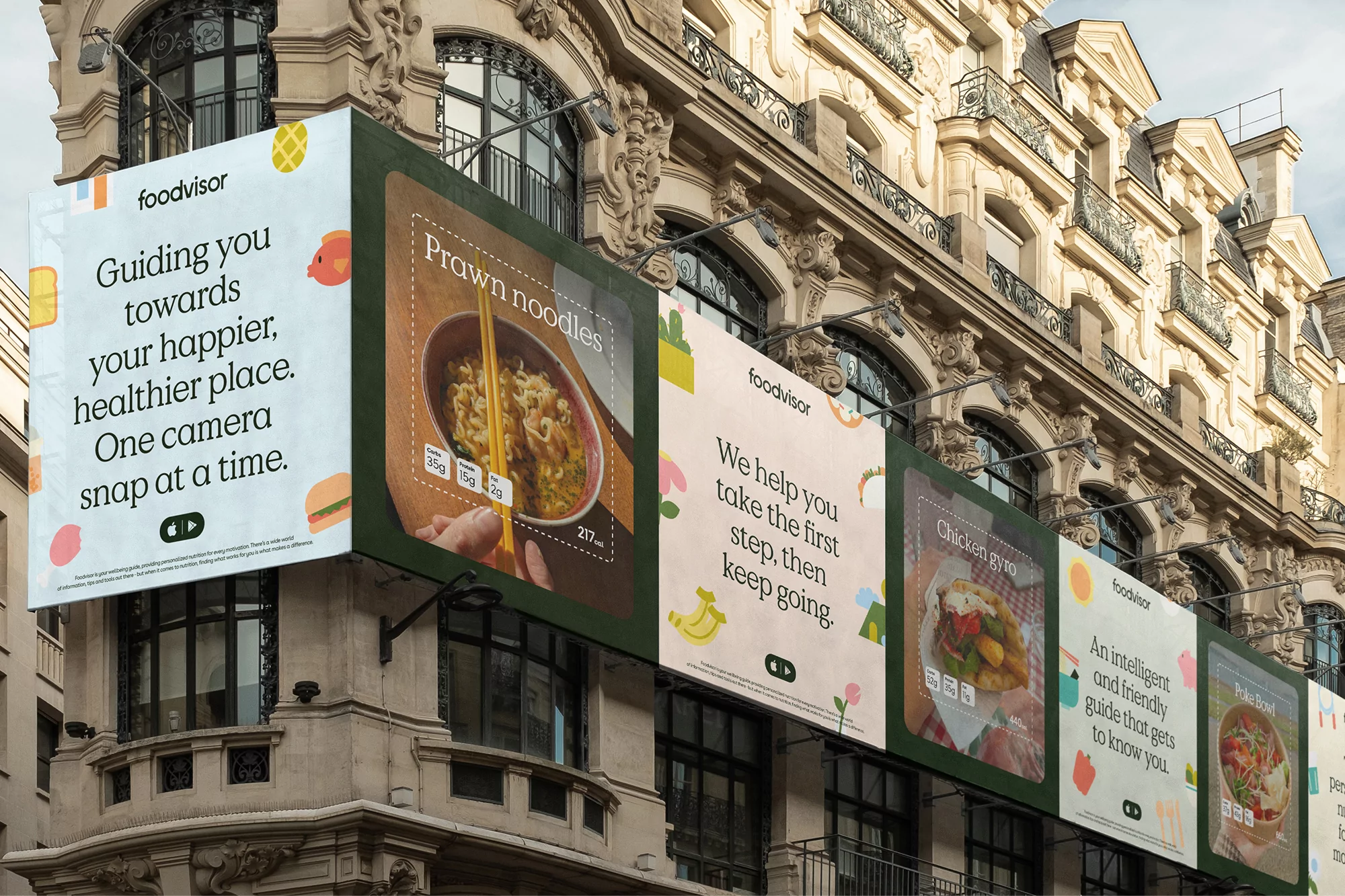 Eye-level shot of a series of foodadvisor billboards on a building exterior in a city with assorted food photos and marketing text.