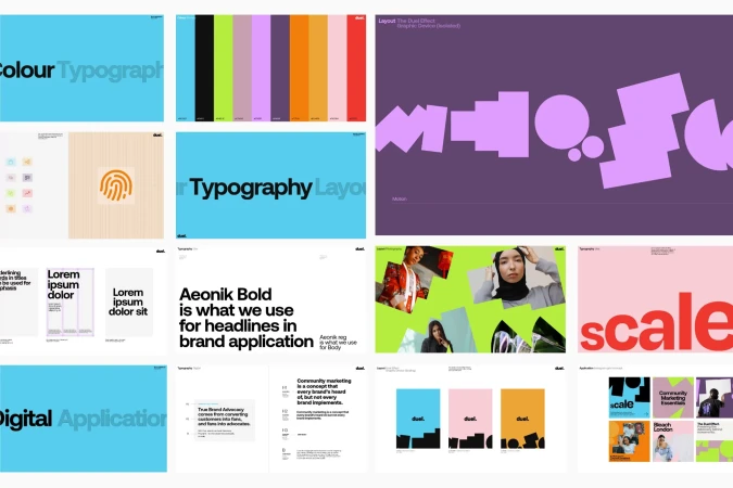 Graphic design compilation showcases typography, color palettes, and layouts on white backgrounds with examples of people and text elements.