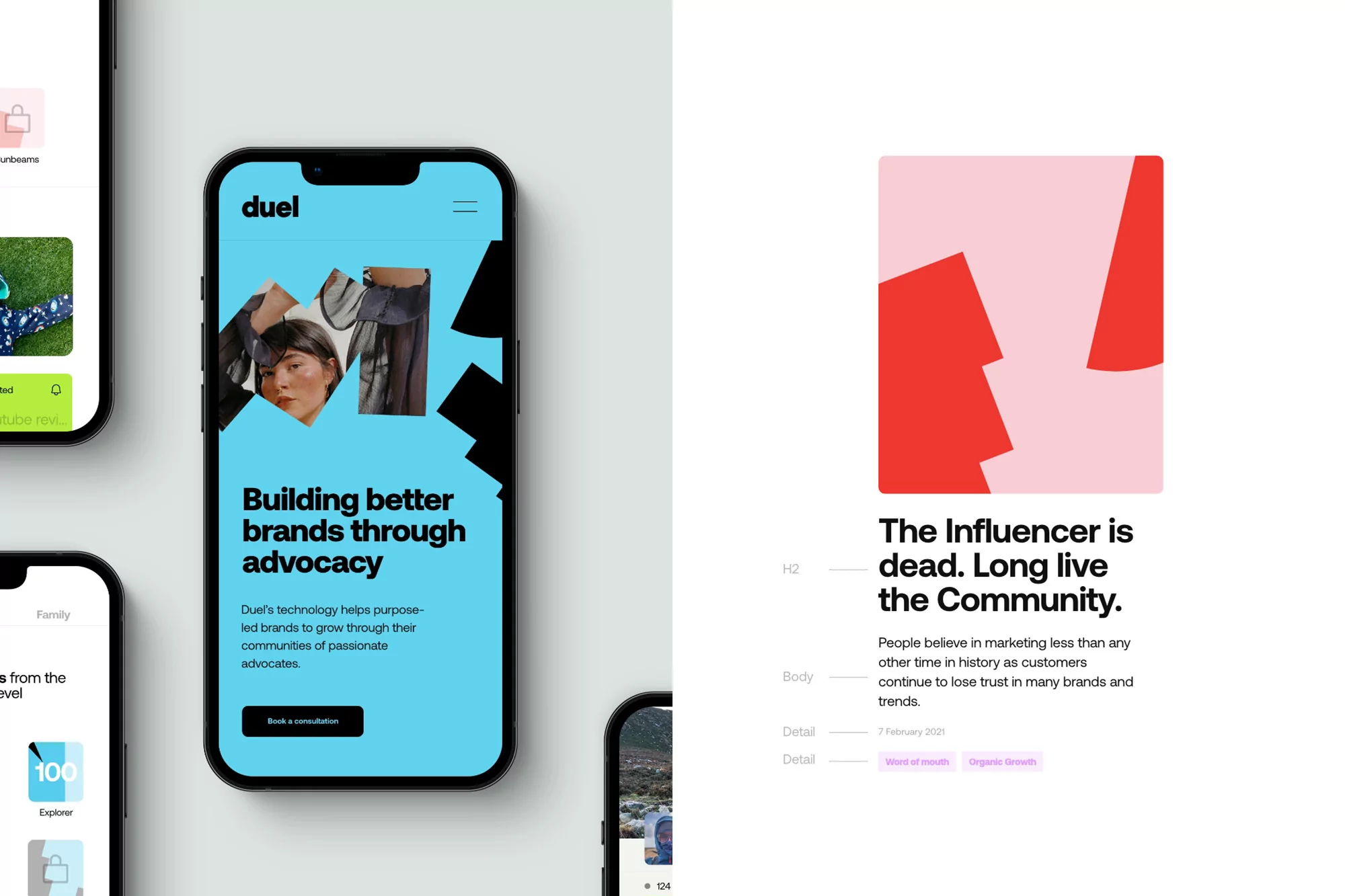 Screenshots of a brand and marketing strategy app with interface examples showing design and layout on modern smartphones.
