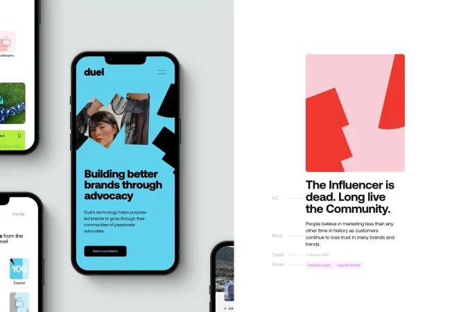 Screenshots of a brand and marketing strategy app with interface examples showing design and layout on modern smartphones.