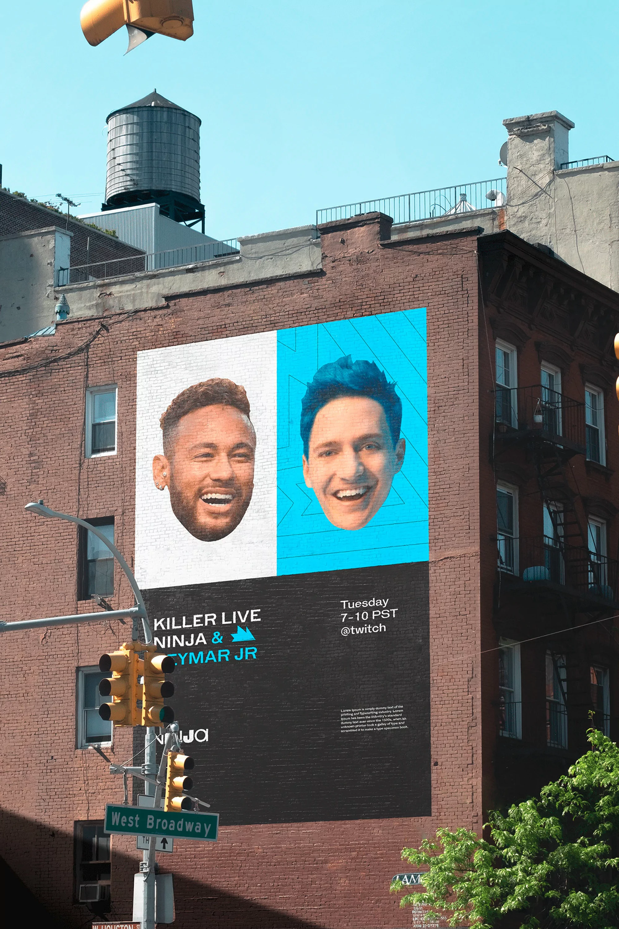 Outdoor billboard on brick building features illustrated portraits of Ninja and Neymar Jr. for streaming event. Urban setting, clear sky.