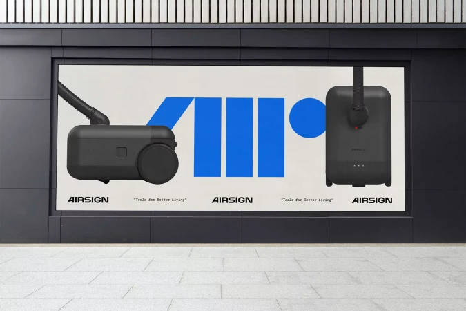 Promotional image of two AIRSIGN air purifiers with a blue graphic, displayed on a wall with a gray tile floor.