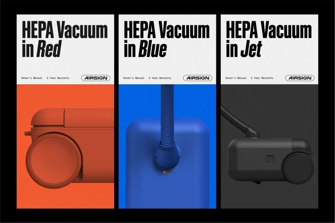 Three vertical panels showcasing Airsign HEPA vacuums in red, blue, and black with bold typographic headers.