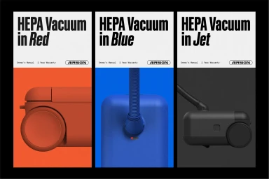 Three vertical panels showcasing Airsign HEPA vacuums in red, blue, and black with bold typographic headers.