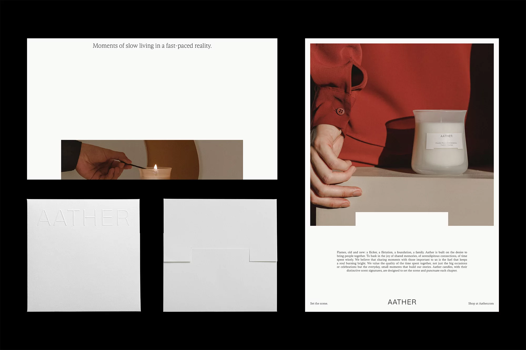 Candle advertisement features a frosted glass candle, hand with a match, and embossed brand name on textured paper in a studio setting.