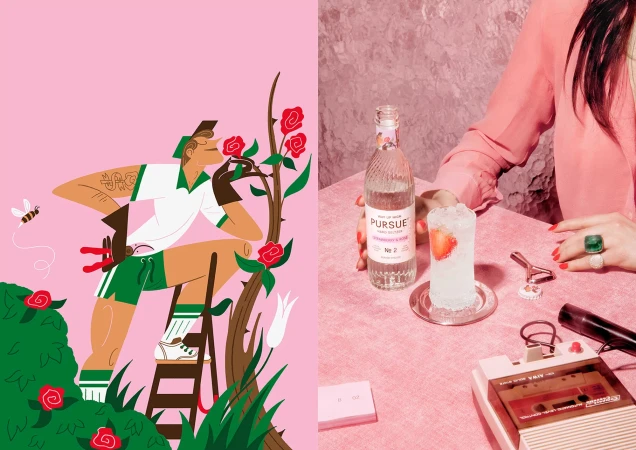 Split screen image: an illustration of a gardener pruning roses and a photo of a woman near a drink and tape recorder.