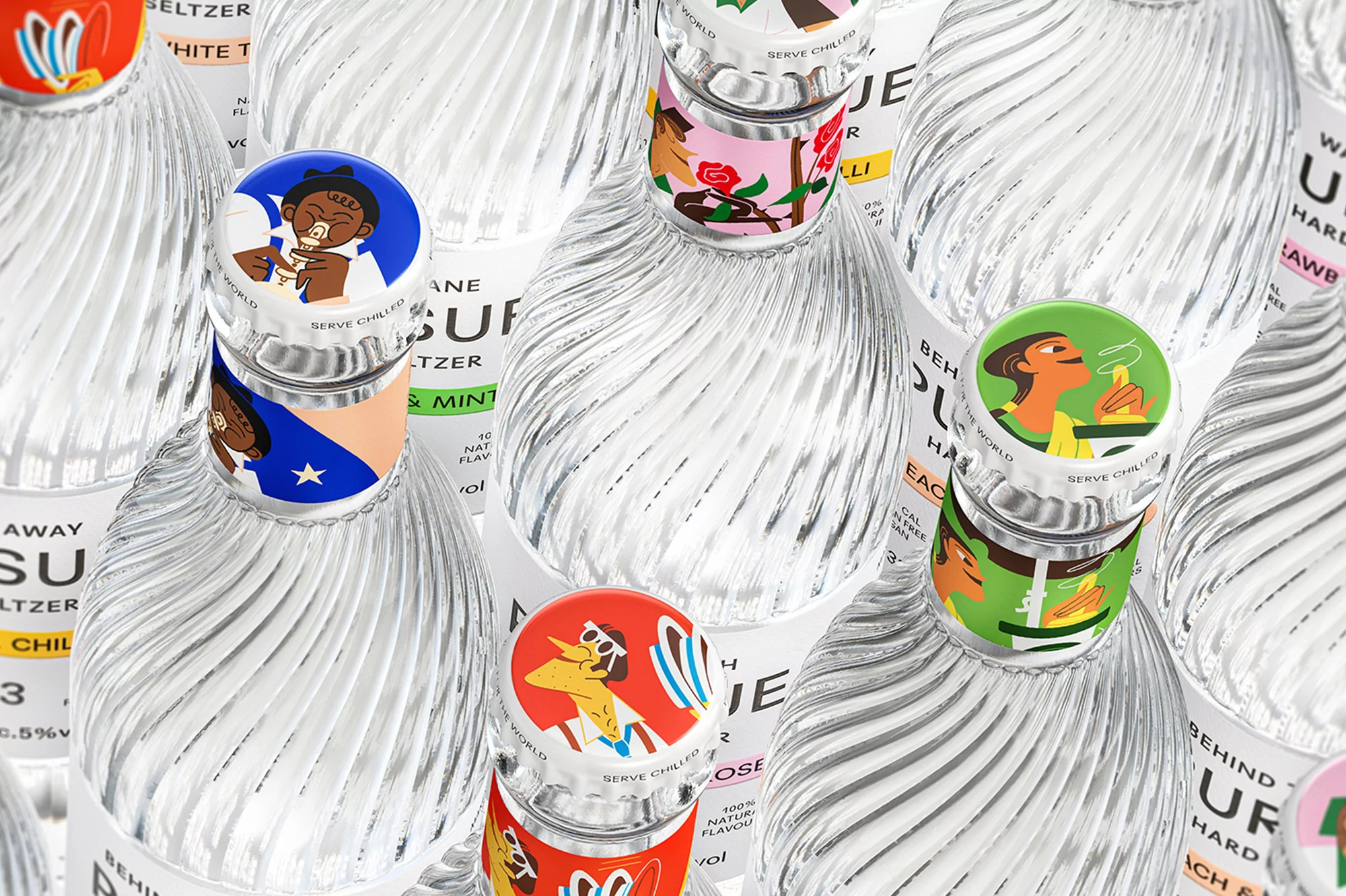Several bottles of hard seltzer are arranged in a close up product shot, showcasing colorful illustrated caps and the clear textured bottles.