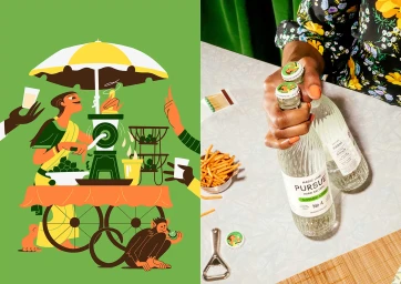 Split image showing a green graphic illustration of a person at a juice cart and a hand holding two Pursue hard seltzer bottles