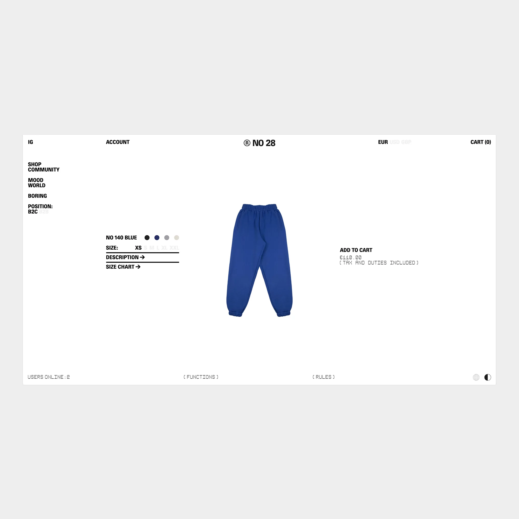 Blue sweatpants are centered on a white e-commerce product page featuring text, a logo, and an add-to-cart button.