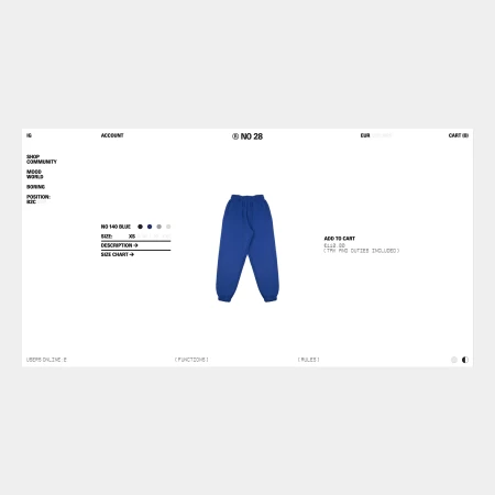 Blue sweatpants are centered on a white e-commerce product page featuring text, a logo, and an add-to-cart button.