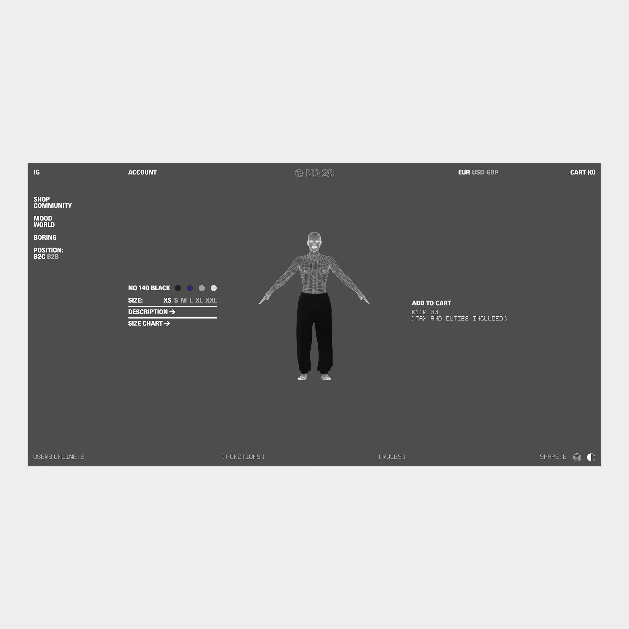 Fashion e-commerce display featuring a digital mannequin in dark pants, product details, and shopping cart options against a dark grey backdrop.