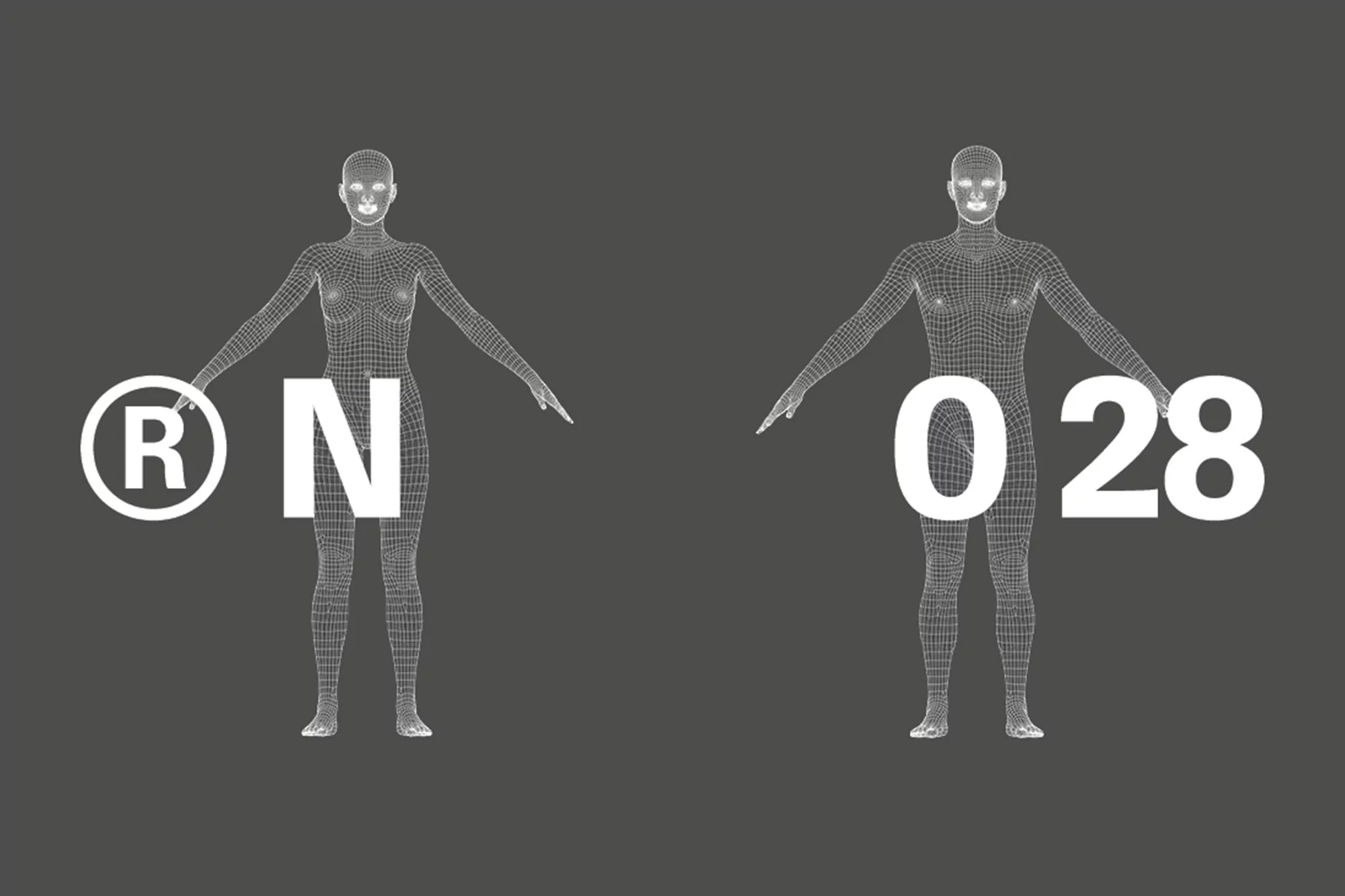 Two wireframe human figures, one with a circled 'R' and 'N' superimposed, the other with '0' and '28' on a dark grey backdrop.