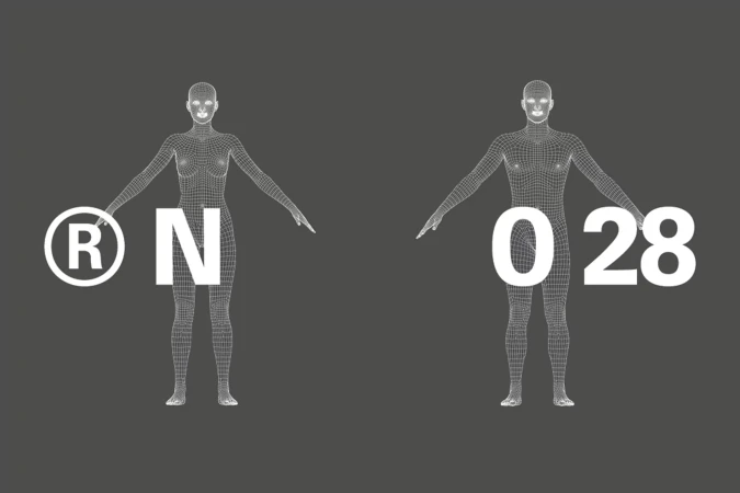 Two wireframe human figures, one with a circled 'R' and 'N' superimposed, the other with '0' and '28' on a dark grey backdrop.