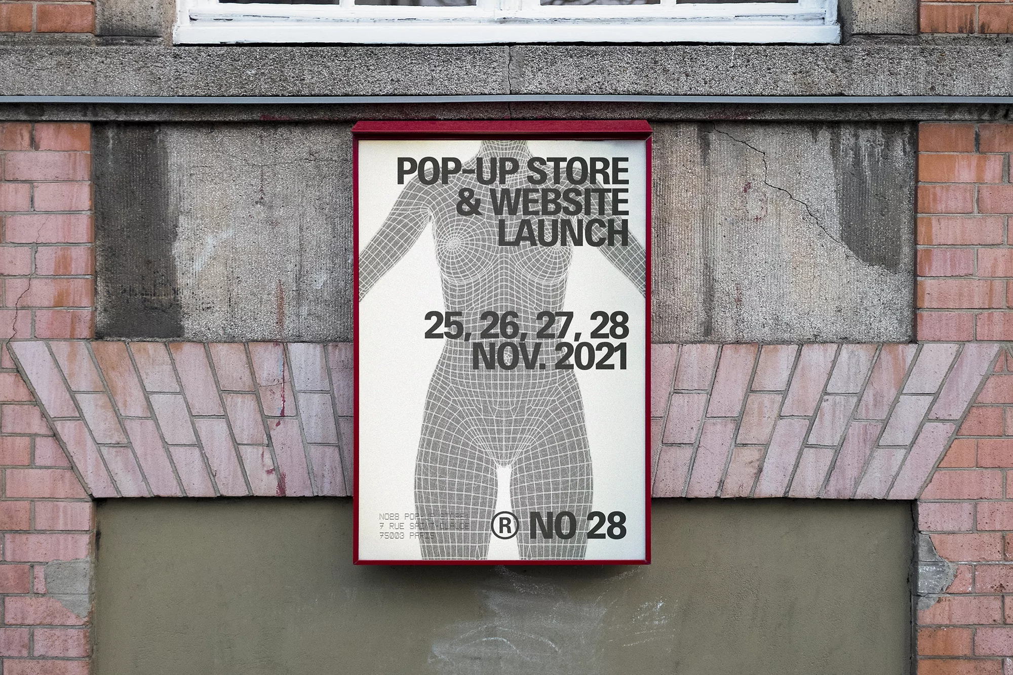 A poster on an exterior brick wall advertises a pop-up store and website launch with event dates and a wireframe woman illustration.