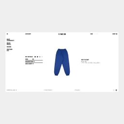 Web interface showing royal blue sweatpants centered on a white background with navigation links and product details