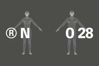 Wireframe 3D models of human figures paired with the text NO28 against a dark grey background.