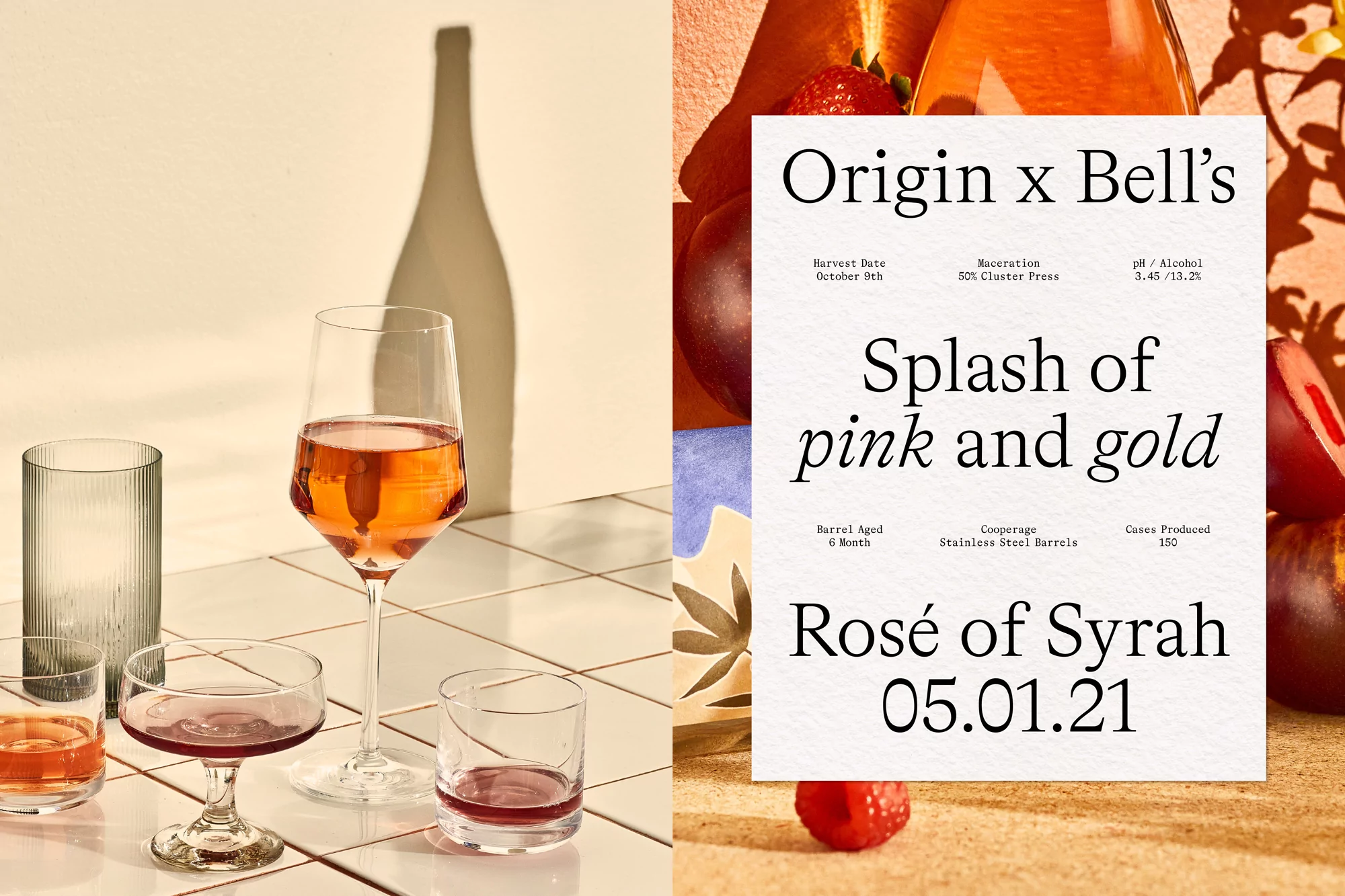 Wine glasses with pink liquid, along with a shadow of a wine bottle, are featured next to branding for Rosé of Syrah.