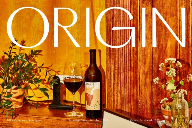 Still life featuring a bottle of Origin Cabernet Sauvignon wine, a glass of wine, plants, and the text “ORIGIN” in a warm, inviting setting.