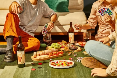 Group of friends sitting on a green rug with wine bottles, cheese boards, and playing cards for Origin brand identity.