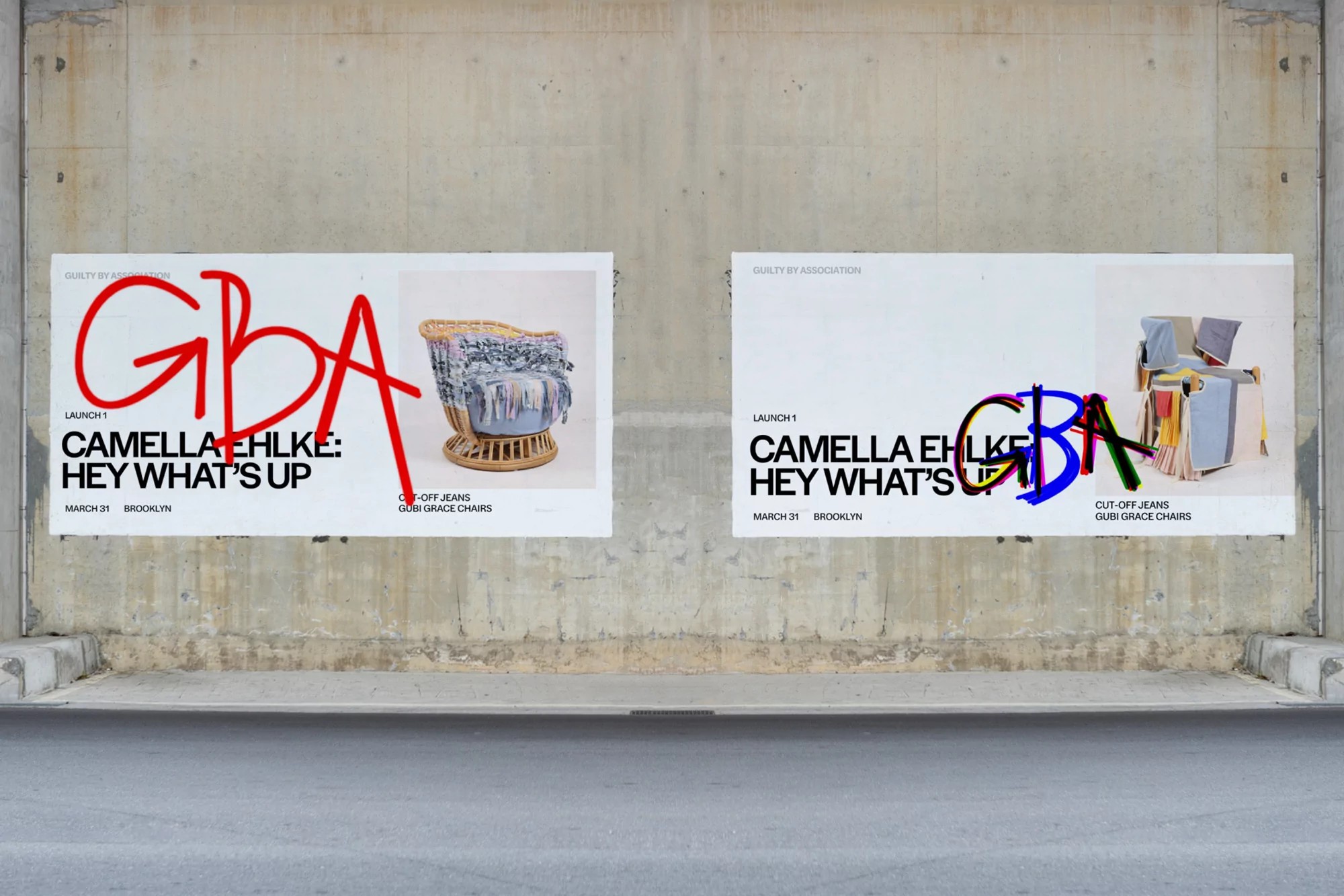 Two posters on a concrete wall advertise the launch of Camella Ehlke's 'Cut-Off Jeans Gubi Grace Chairs' collection in Brooklyn.