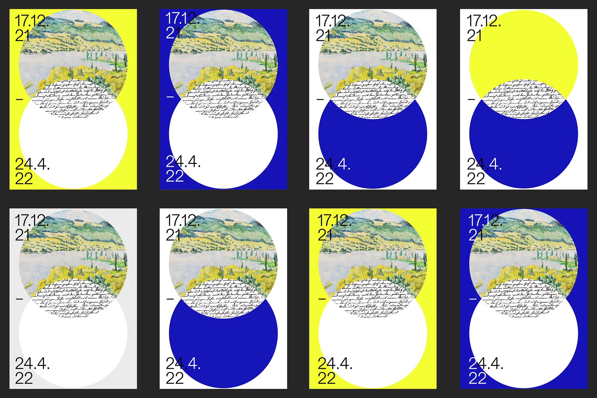 Graphic design featuring watercolor landscape, dates in a stacked format, and circles against varied backgrounds of blue, yellow, and white.