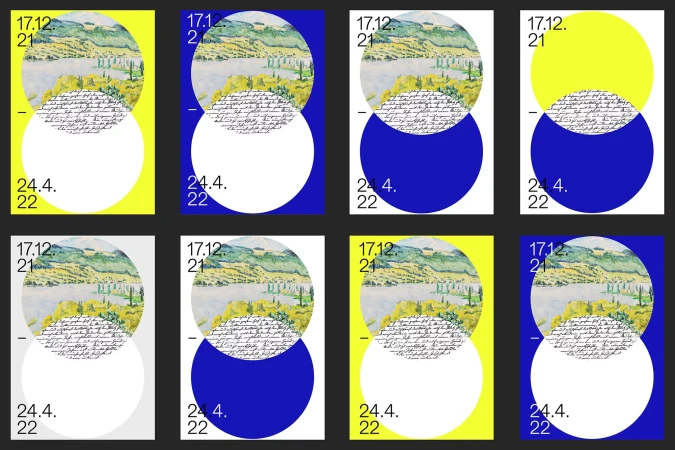 Graphic design featuring watercolor landscape, dates in a stacked format, and circles against varied backgrounds of blue, yellow, and white.