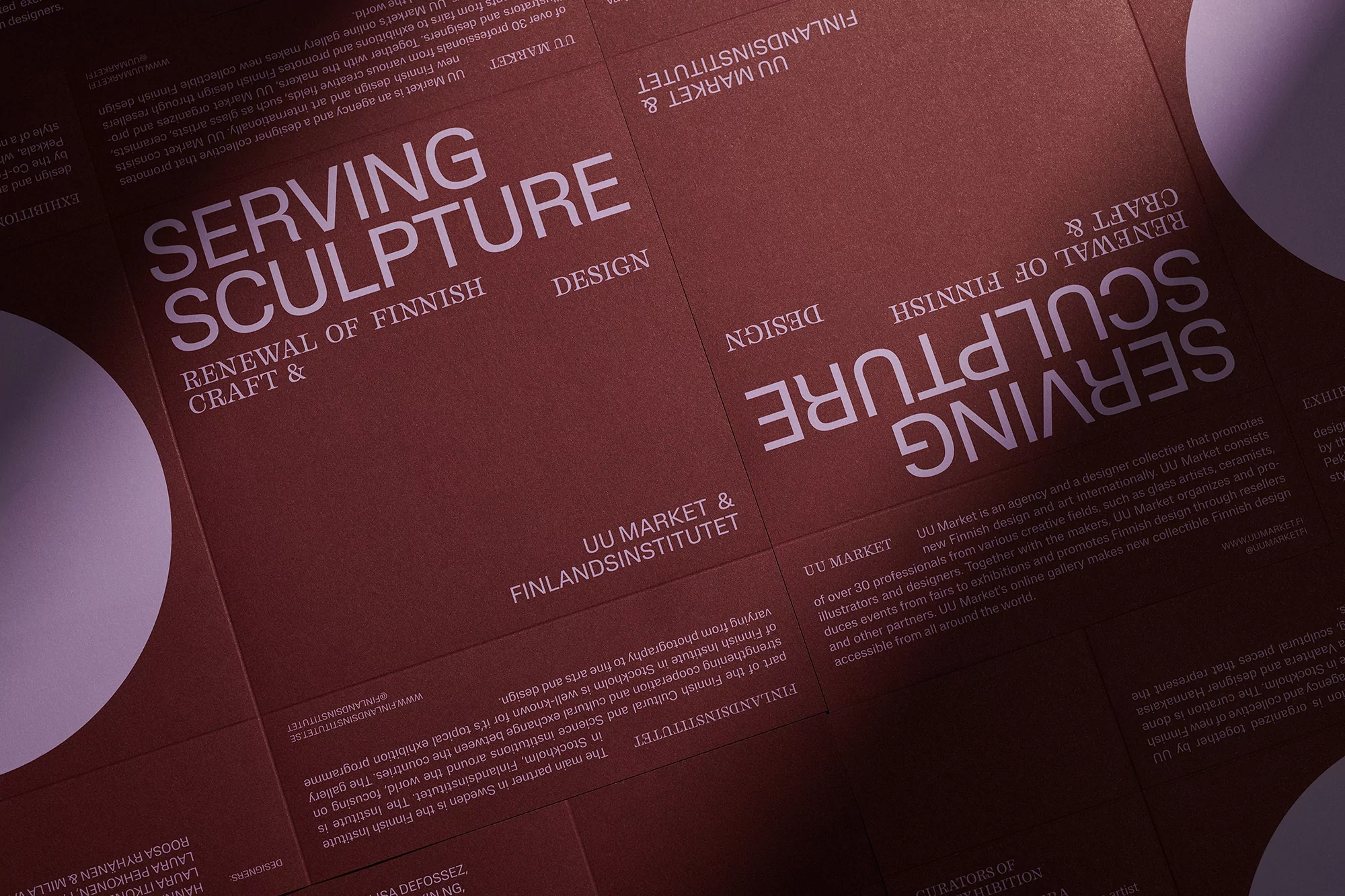 Promotional posters for UU Market & Finlandsinsinstitutet feature the words 'Serving Sculpture,' 'Renewal of Finnish Craft & Design.'