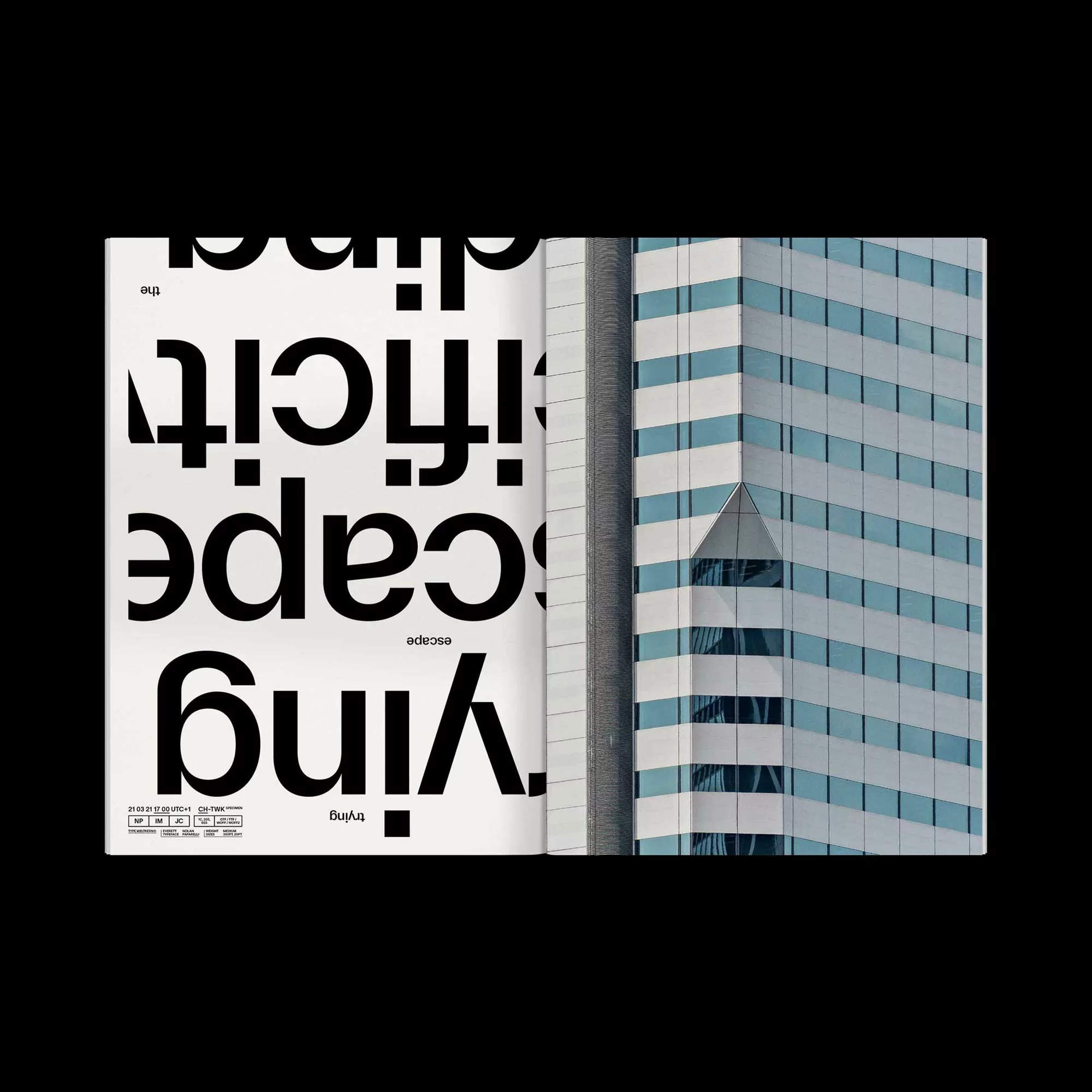 Spread showing bold rotated typography on the left and a building facade with repetitive windows on the right.