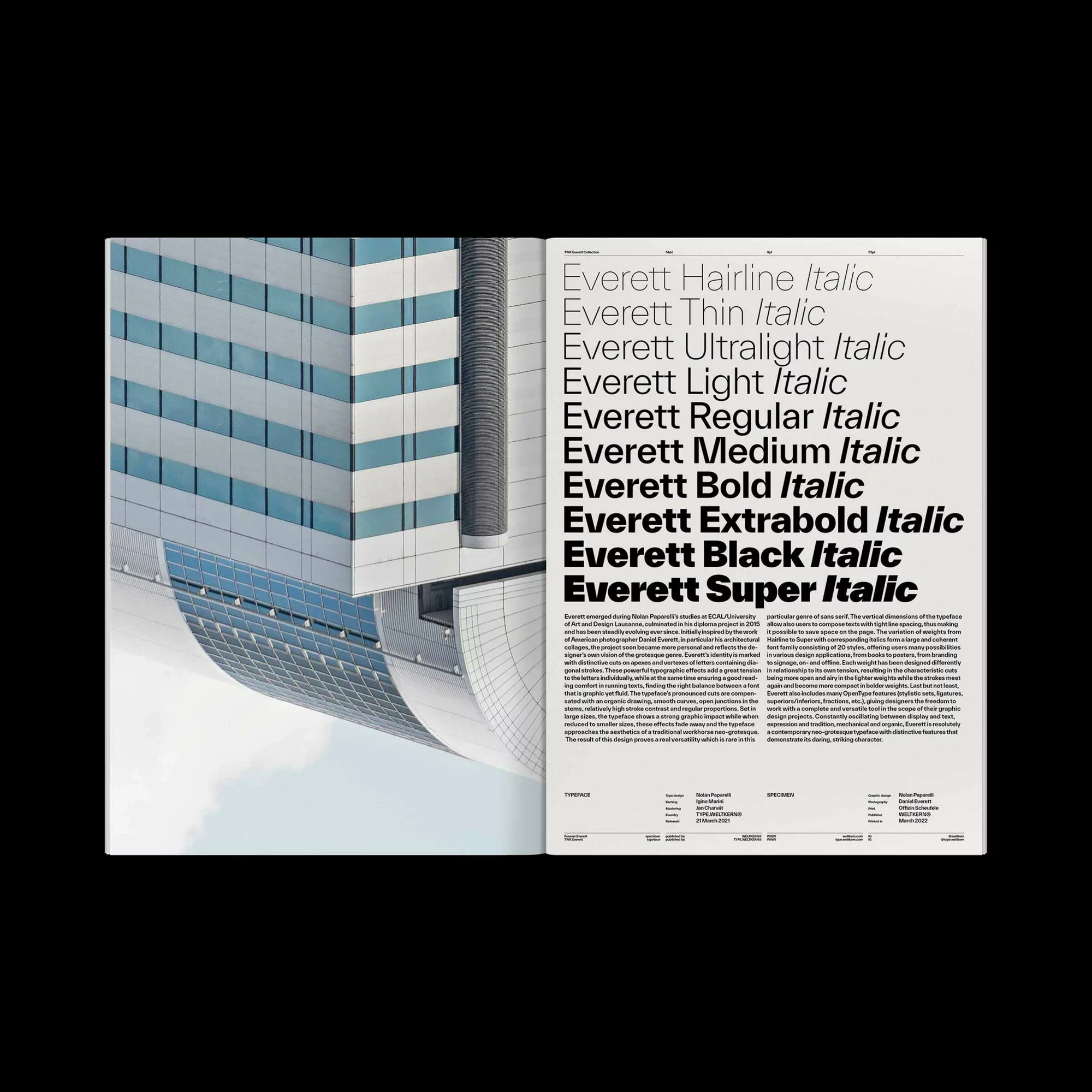 Open magazine spread featuring typographic examples of the font Everett set against the architectural exterior of a modern building.