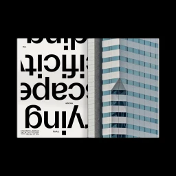 Spread showing bold rotated typography on the left and a building facade with repetitive windows on the right.