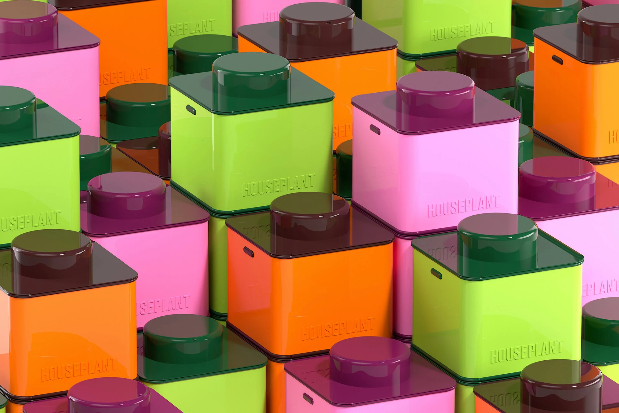 A grid of colorful, plastic block containers with square tops, labeled "HOUSEPLANT," in shades of pink, orange, and green.