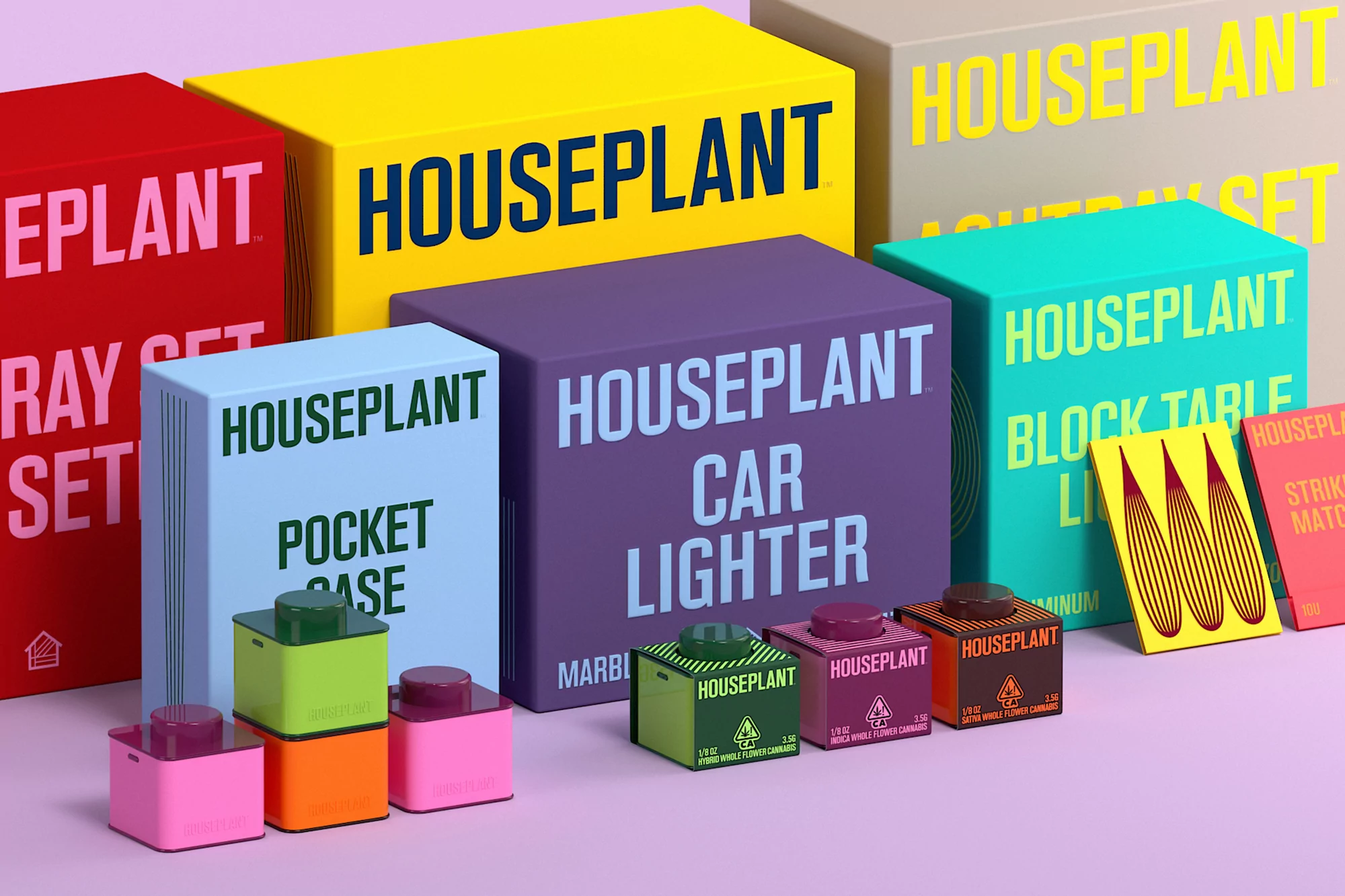 Colorful Houseplant brand product boxes featuring pocket cases, car lighters, block tables, and ashtray sets against a pink background.