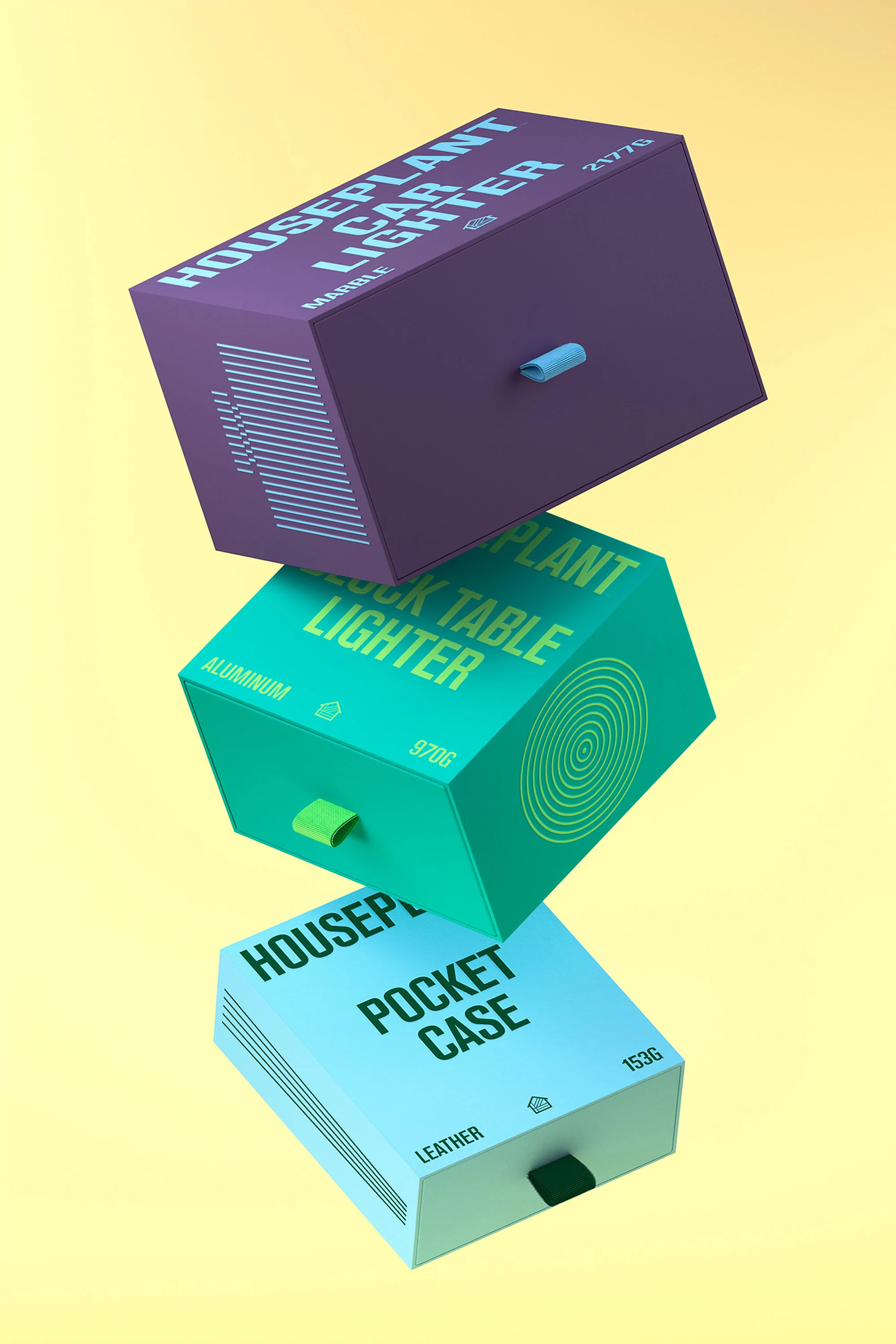 Stack of three colorful Houseplant boxes, each a different color, with text on the sides. Studio product shot, soft lighting.